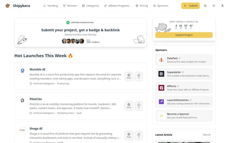 Screenshot of the Shipybara homepage