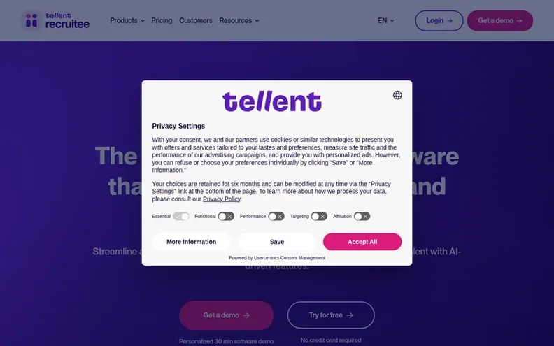 Screenshot of the Tellent Recruitee homepage