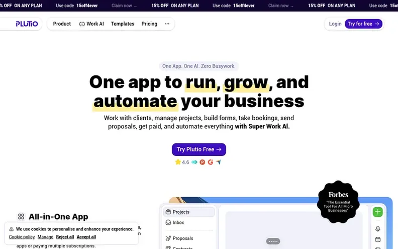 Screenshot of the Plutio homepage