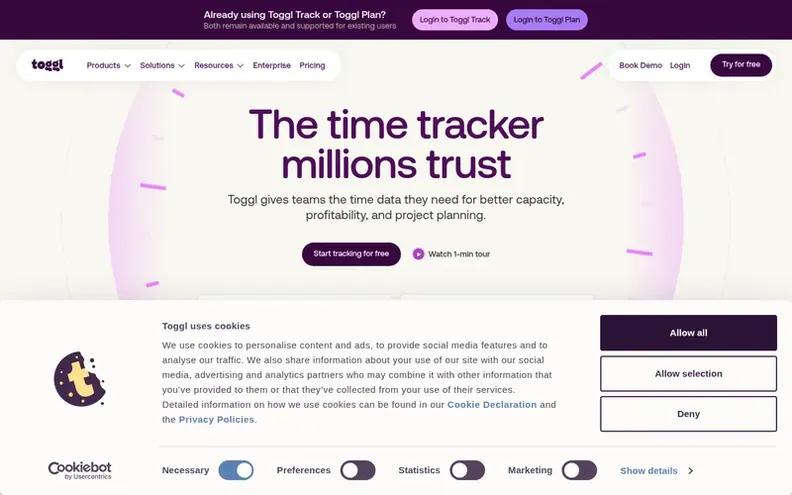 Screenshot of the Toggl homepage