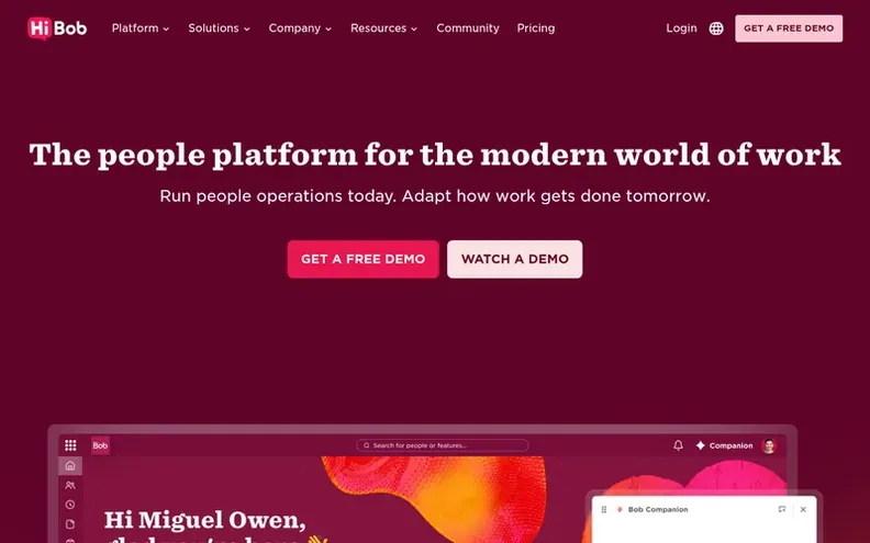 Screenshot of the HiBob homepage