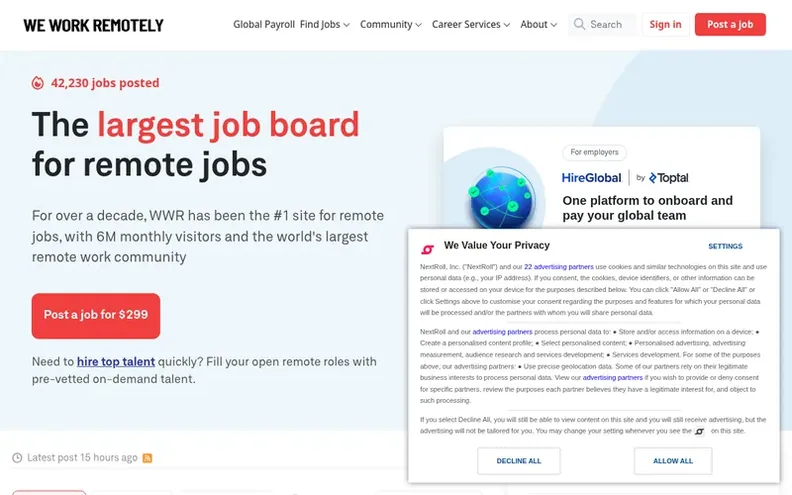 Screenshot of the We Work Remotely homepage