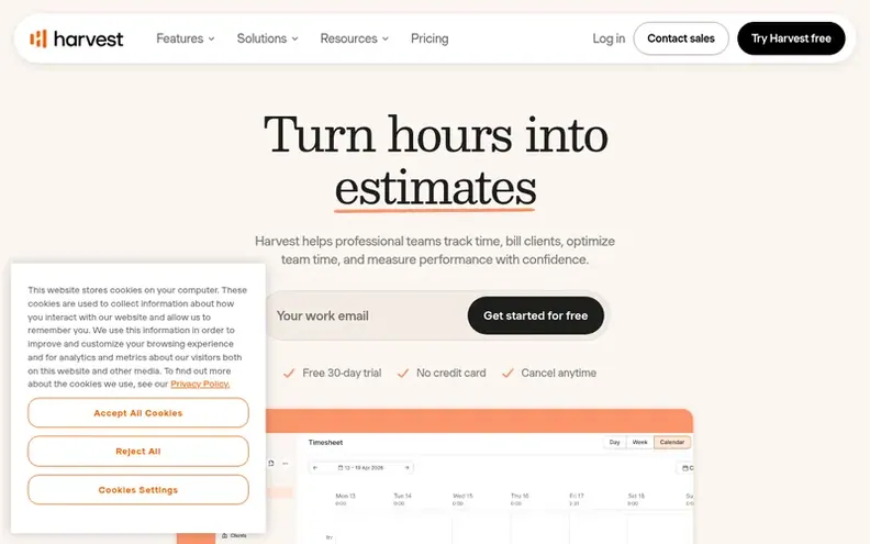 Screenshot of the Harvest homepage
