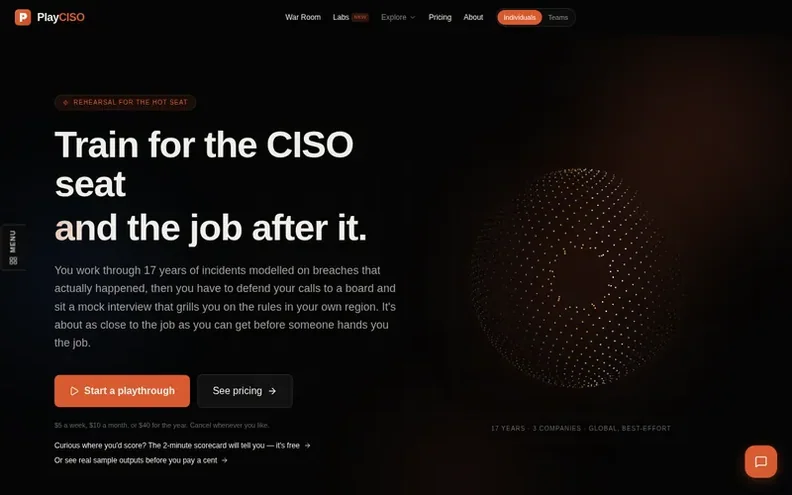 Screenshot of the PlayCISO homepage