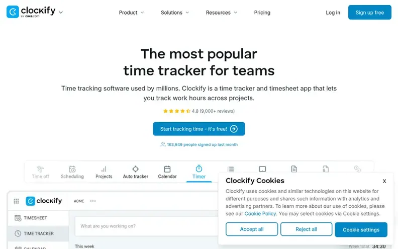Screenshot of the Clockify™ homepage