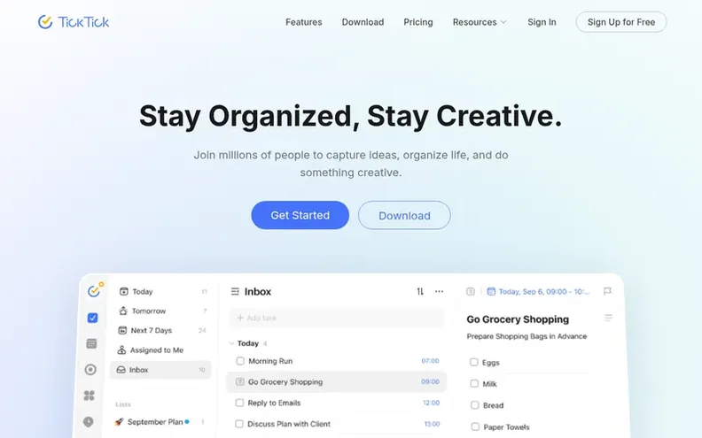 Screenshot of the TickTick homepage