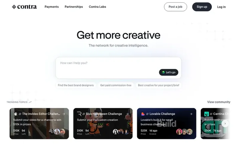 Screenshot of the Contra homepage