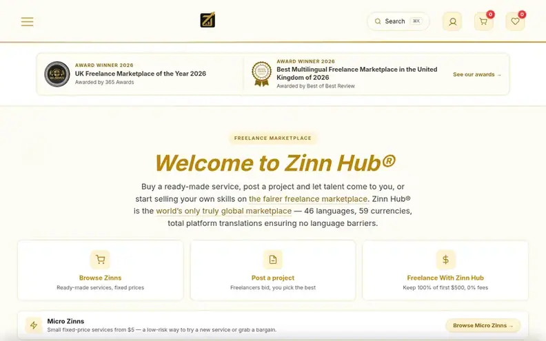 Screenshot of the Zinn Hub homepage