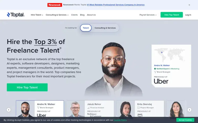 Screenshot of the Toptal® homepage