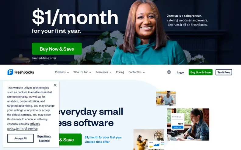 Screenshot of the FreshBooks homepage