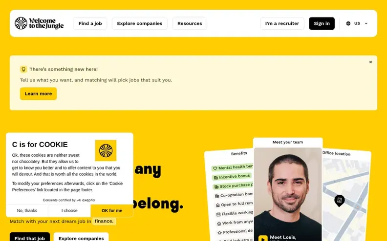 Screenshot of the Welcome to the Jungle homepage