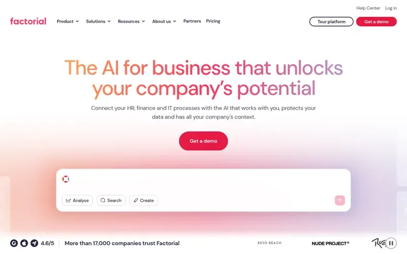 Screenshot of the Factorial homepage