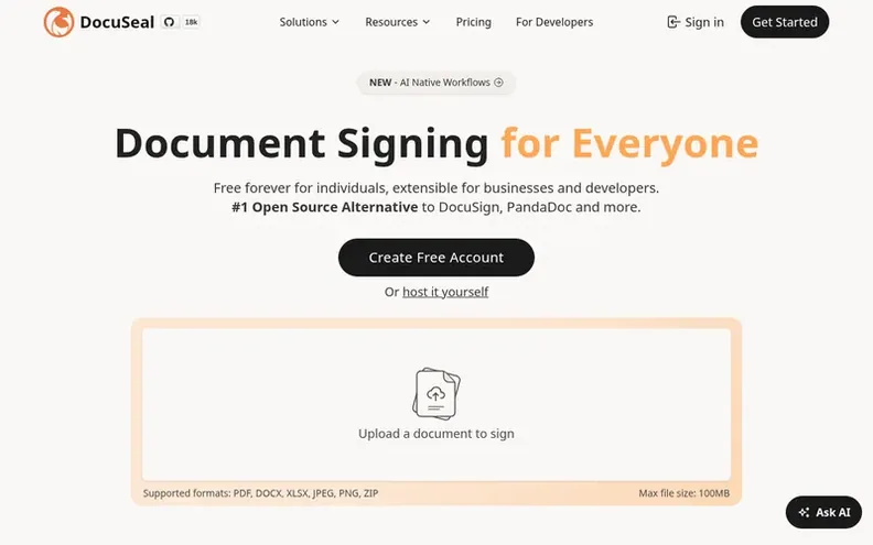 Screenshot of the DocuSeal homepage
