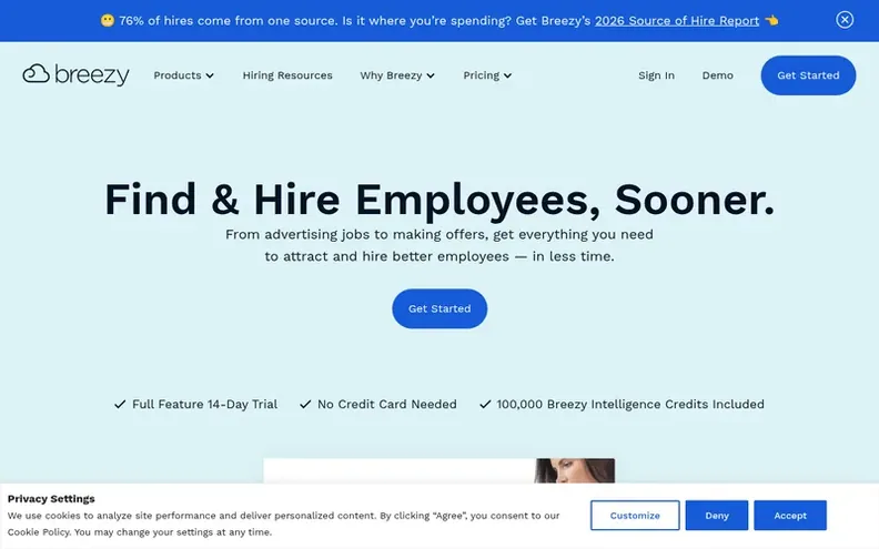 Screenshot of the Breezy HR homepage